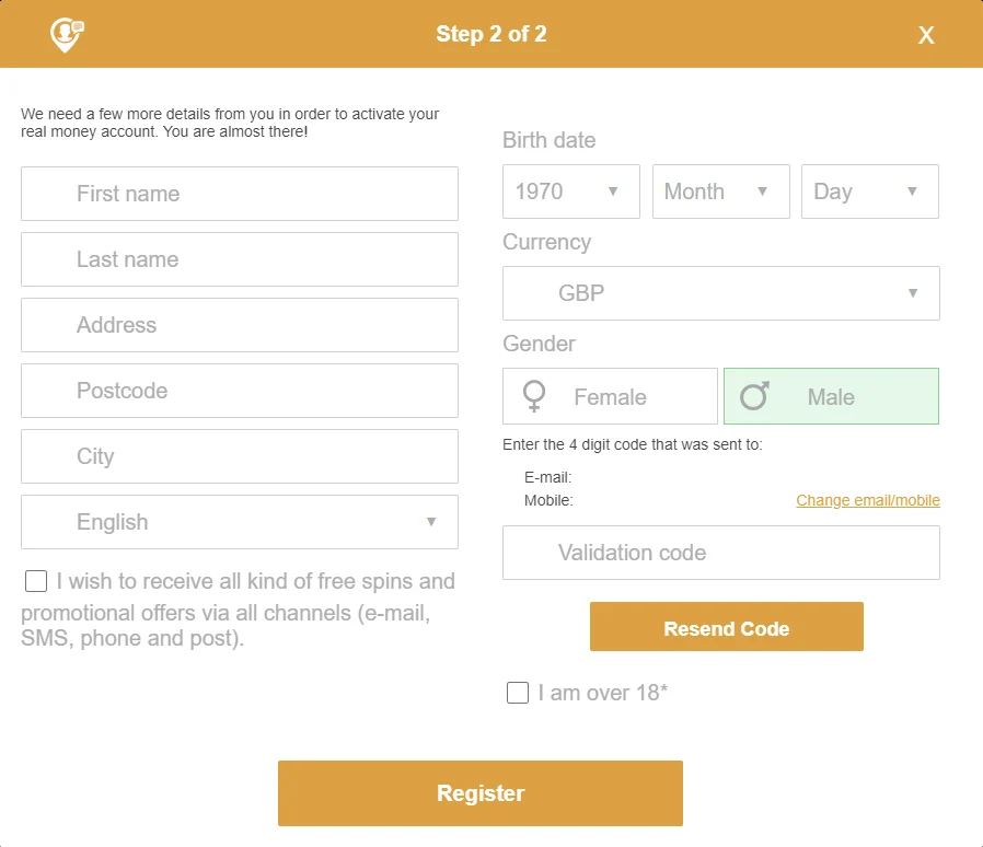 videoslots registration form step 2